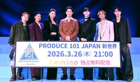 　記者発表会に出席した（左から）ＫＡＩＴＡ、仲宗根梨乃、チェ・スヨン、ディーン・フジオカ、Ｋｅｖｉｎ　Ｗｏｏ、川畑要、安達祐人（撮影・園田高夫）