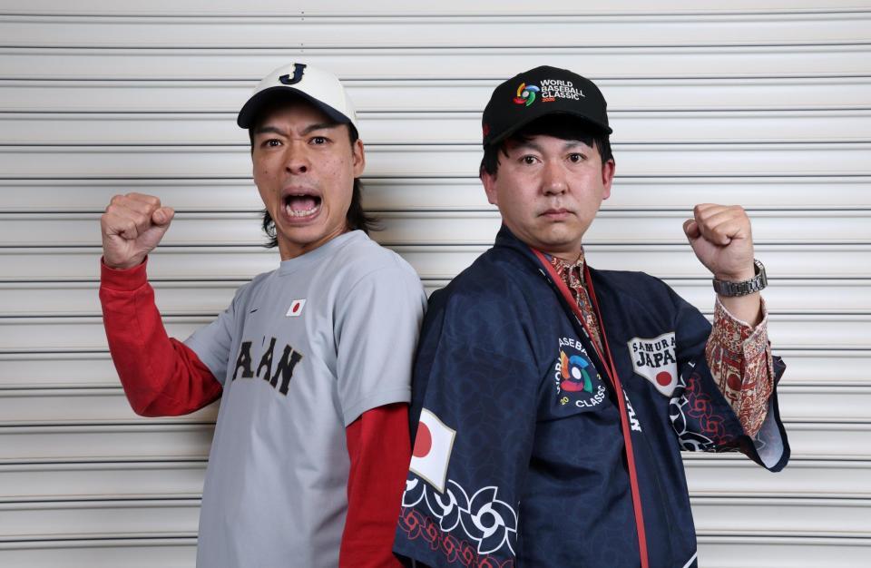 侍ジャパン頑張れ！デイリースポーツＷＢＣ応援団長に就任したバッテリィズのエース（左）と寺家（撮影・伊藤笙子）