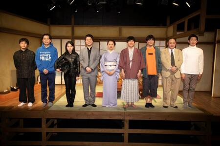 取材会に出席した（左から）中村元樹氏、児玉智洋、関町知弘、辻凪子、田所仁、長尾純子、純、関町知弘、赤羽健壱、池田一真