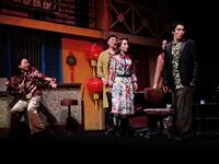 舞台「９でカタがつく」の公開通し稽古に参加した（左から）いとうあさこ、吉田メタル、百田夏菜子、関哲汰