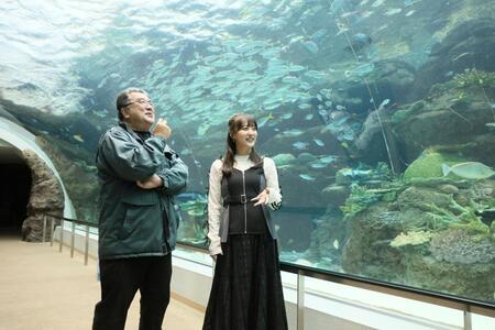 水族館のスペシャリストで日本モンキーセンター園長の下村実氏（左）とＳＫＥ４８の鎌田菜月