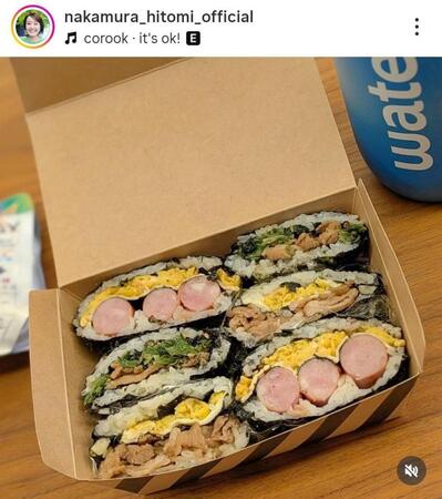 春休みにおにぎらず弁当。中村仁美のインスタグラム＠当には豚汁も。中村仁美のインスタグラム＠ｎａｋａｍｕｒａ＿ｈｉｔｏｍｉ＿ｏｆｆｉｃｉａｌ（３月２５日付）より