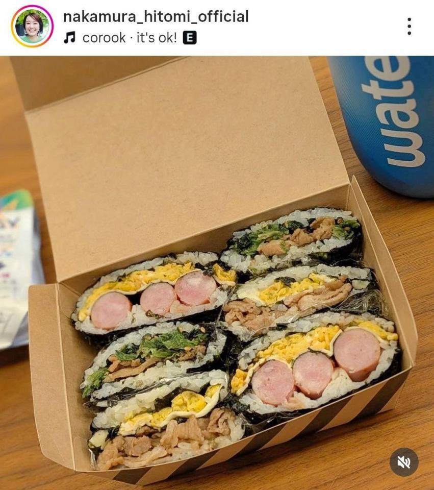 春休みにおにぎらず弁当。中村仁美のインスタグラム＠当には豚汁も。中村仁美のインスタグラム＠ｎａｋａｍｕｒａ＿ｈｉｔｏｍｉ＿ｏｆｆｉｃｉａｌ（３月２５日付）より