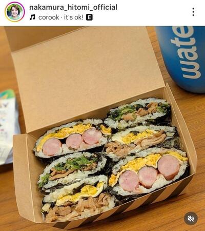 春休みに作った「おにぎらず」弁当。お花見にもぴったり！中村仁美のインスタグラム＠ｎａｋａｍｕｒａ＿ｈｉｔｏｍｉ＿ｏｆｆｉｃｉａｌ（３月２５日付）より