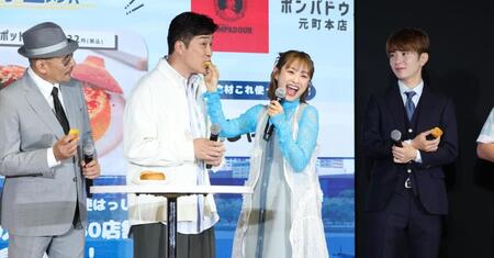 ラブラブのあべこうじ、高橋愛夫妻。右は高橋優斗（撮影・金田祐二）