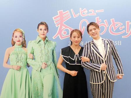 背景と同じポーズを決めるＯＳＫ日本歌劇団の翼和希（右）と千咲えみ