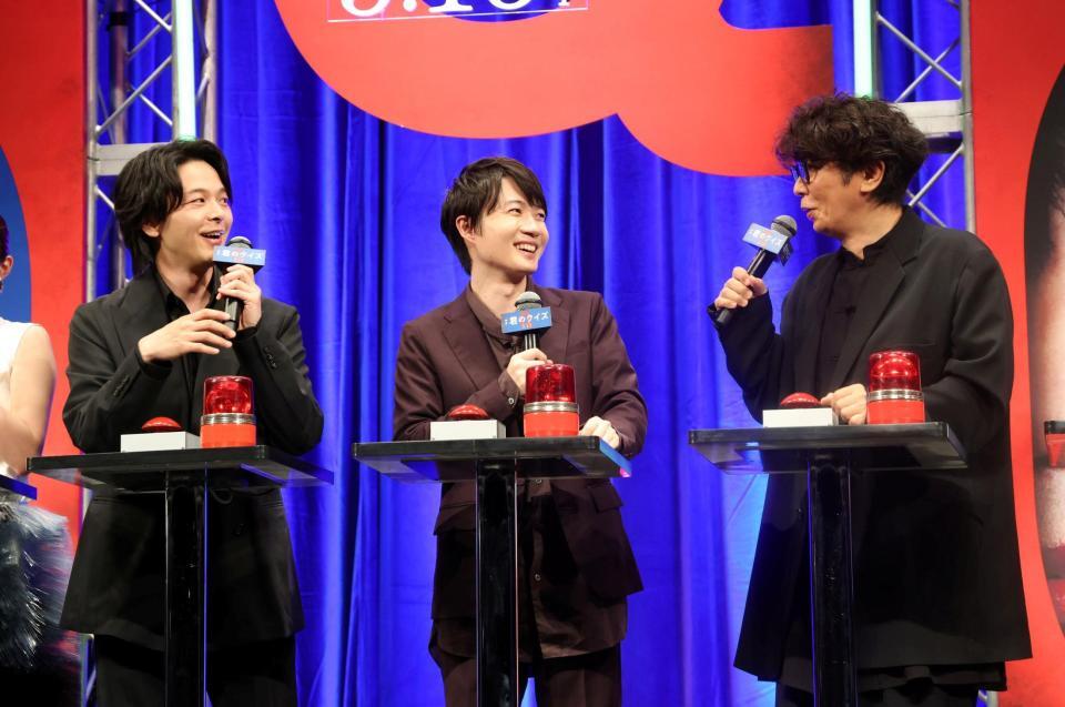 クイズ企画に臨む（左から）中村倫也、神木隆之介、ユースケ・サンタマリア（２０日）