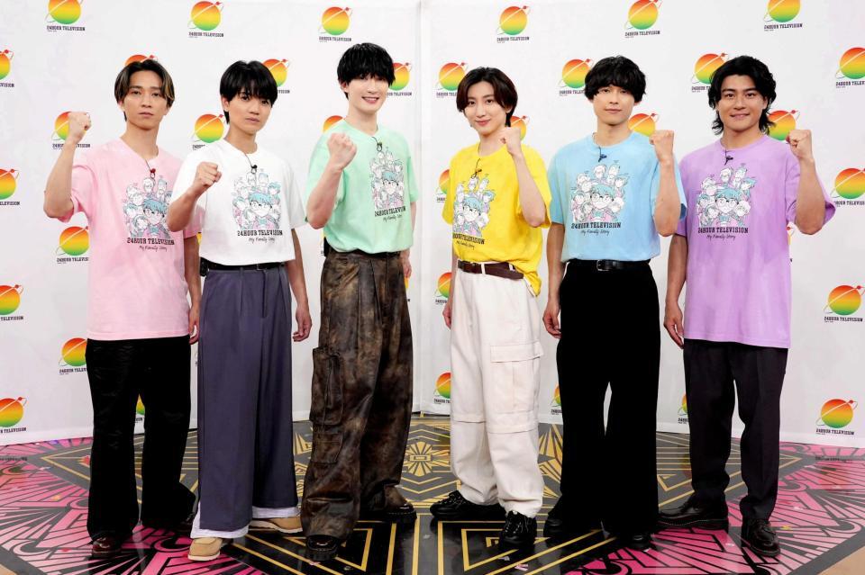 　「２４時間テレビ」のチャリティーパートナー就任が決まったＳｉｘＴＯＮＥＳの（左から）田中樹、高地優吾、ジェシー、京本大我、松村北斗、森本慎太郎
