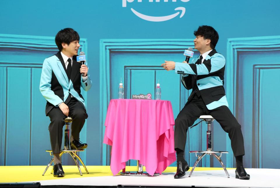 Ｐｒｉｍｅ　Ｖｉｄｅｏ「シークレットＮＧハウス　Ｓｅａｓｏｎ２」配信直前イベントに登場した二宮和也（左）と若林正恭（撮影・伊藤笙子）