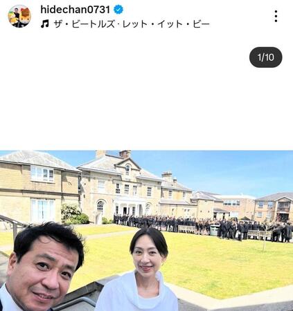 妻・白城あやかと四男の卒業式で。中山秀征のインスタグラム＠ｈｉｄｅｃｈａｎ０７３１より
