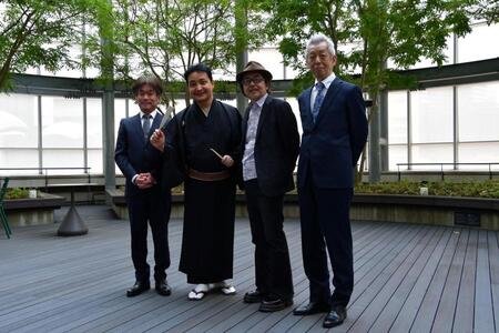 ＪＡＺＺ講談「名曲で綴る『２５』にまつわるジャズ物語」の取材会に出席した（左から）里村稔、玉田玉秀斎、畑ひろし、上場正俊
