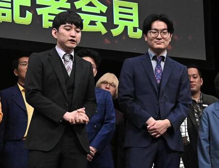 Ｍ１グランプリ２０２６開催会見で笑いを取るめぞんの吉野おいなり君（左）と原一刻（撮影・開出牧）