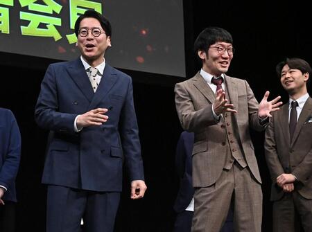 Ｍ１グランプリ２０２６開催会見で笑いを取る浦井のりひろ（左）と平井まさあき（撮影・開出牧）