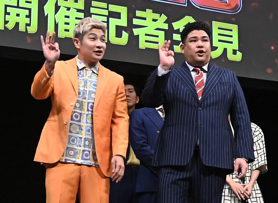 Ｍ１グランプリ２０２６開催会見で笑いを取る豪快キャプテンのべーやん（左）と山下ギャンブルゴリラ（撮影・開出牧）