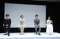 記者会見に登場した（左から）桐山漣、早見あかり、伊藤健太郎、岸明日香（撮影・佐々木彰尚）