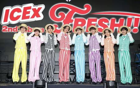プンプンポーズを見せるＩＣＥｘの（左から）中村旺太郎、山本龍人、八神遼介、阿久根温世、志賀李玖、竹野世梛、筒井俊旭、千田波空斗（撮影・棚橋慶太）