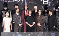 「犯罪者」ブルーかペットプレミアに登場した（前列左から）ＭＥＧＵＭＩ、斎藤工、高橋一生、水上恒司、ユースケ・サンタマリア、（後列同）松永大司監督、青木崇高、チョン・イル（撮影・佐々木彰尚）