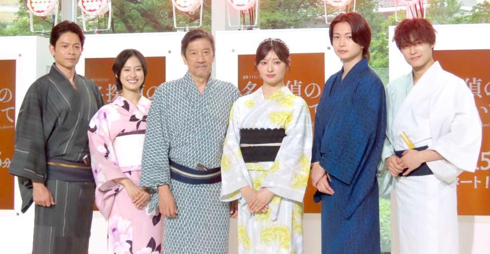 制作発表会見に出席した（左から）吉沢悠、恒松祐里、奥田瑛二、吉川愛、綱啓永、高松アロハ