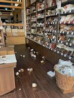 地震で棚の品物が落下したショッピングモールの店舗＝28日午後４時33分ごろ、熊本県菊陽町（提供写真）