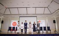 気候変動のイベントに登場した（左から）ＮＨＫ・高瀬耕造アナウンサー、日本テレビ・瀧口麻衣アナウンサー、テレビ朝日・佐々木快アナウンサー、ＴＢＳ・日比麻音子アナウンサー、日本テレビ・瀧口麻衣アナウンサー、フジテレビ・上垣皓太郎アナウンサー（撮影・佐々木彰尚）