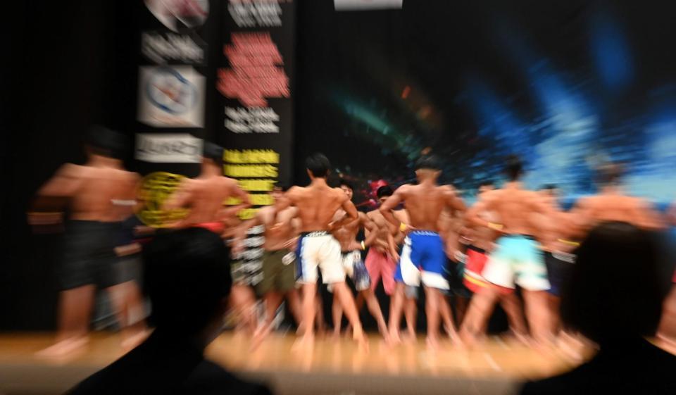 全国高校生メンズフィジーク１７２㎝超級に出場する寺田心（撮影・飯室逸平）
