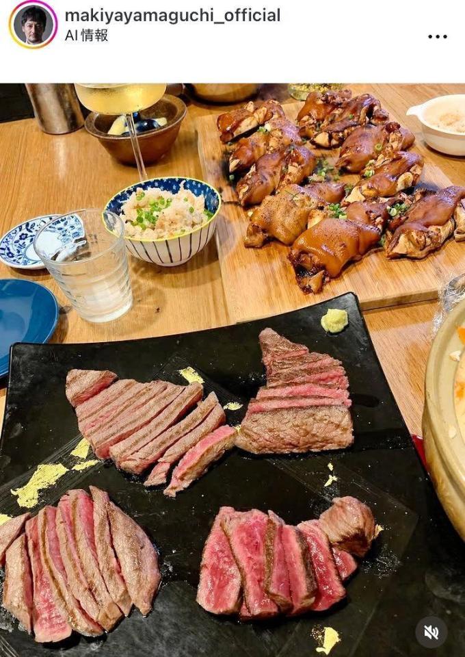 ステーキ、豚足。炊き込みご飯。山口馬木也のインスタグラム＠ｍａｋｉｙａｙａｍａｇｕｃｈｉ＿ｏｆｆｉｃｉａｌ（４月２５日付）より 