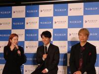 ＷＯＷＯＷドラマ「虚ろな十字架」の完成報告会に出席した（左から）蓮佛美沙子、赤楚衛二、香取慎吾