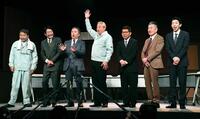 （左から）グレート義太夫さん、ダンカン、つまみ枝豆、ガダルカナル・タカ、松尾伴内、ラッシャー板前、柳憂怜＝２０２３年３月