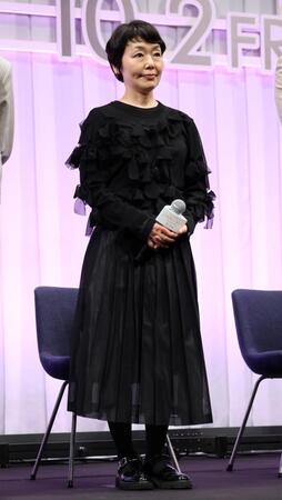 映画「ママがもうこの世界にいなくても　私の命の日記」お披露目試写会に登壇した小林聡美＝東京・大手町の日経ホール（撮影・伊藤笙子）