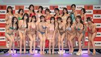 （左奥から）白崎優雨、実川桃子、鈴木瑠莉、山田瑶佳、小野たまり、助川綾美、千原彩叶（左手前から）もてりこ、宮地りんか、絃ユリナ、大月海風、藤白ちらり、大谷美詩海、大桜てんか。、瀬戸なちか、明永凜花（撮影・千葉大輝）