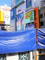 ダイブ阻止のブルーシートが張られた道頓堀橋