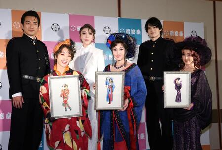 舞台「メイジ・ザ・キャッツアイ」取材会に登場した（前列左から）剛力彩芽、藤原紀香、高島礼子、（後列同）上川竜治、美弥るりか、崎山つばさ＝東京・浜町の明治座（撮影・伊藤笙子）
