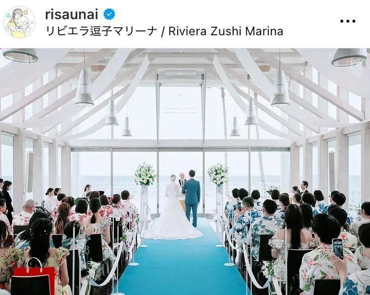 逗子マリーナで結婚式。２４年５月２５日付の宇内梨沙のインスタグラム＠ｒｉｓａｕｎａｉより