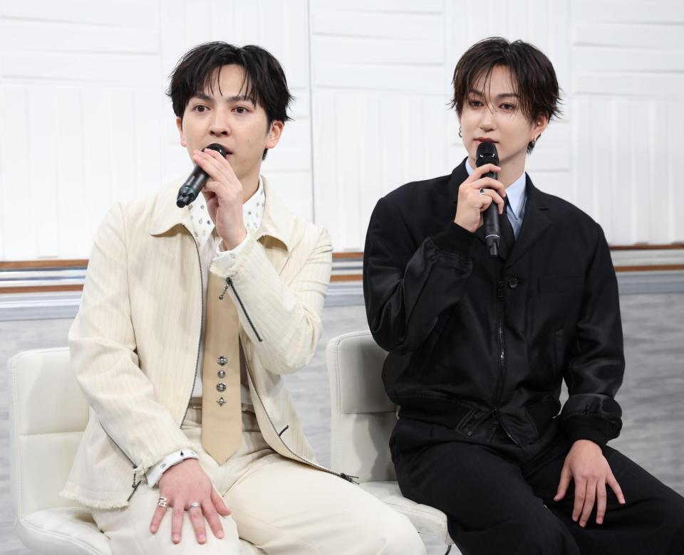 ドラマの発表会に出席した吉田仁人（左）と池田彪馬（撮影・佐々木彰尚）