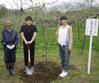 　記念の植樹を行った（左から）木村秋則さん、阿部サダヲ、菅野美穂＝青森県弘前市
