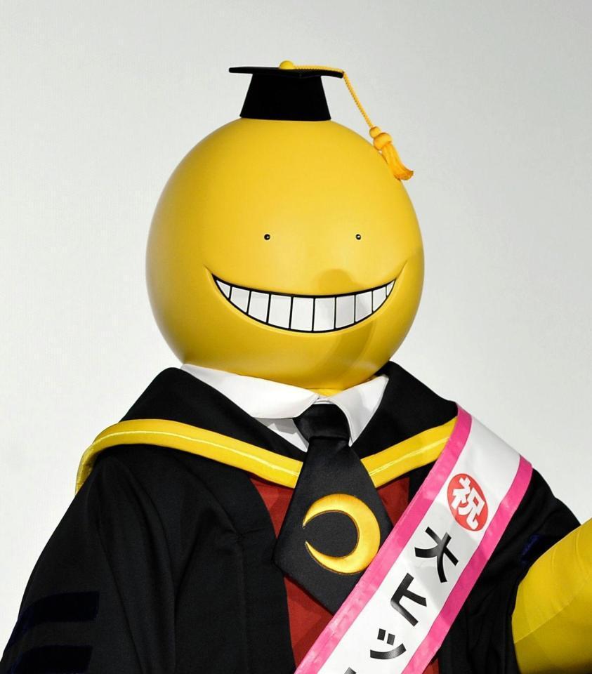 続編製作決定にＶサインをして喜ぶ殺せんせー＝ＴＯＨＯ　シネマズ六本木ヒルズ（撮影・園田高夫）