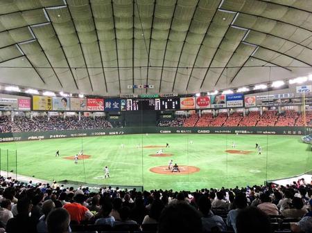 １塁側がＮＴＴ東日本、３塁側が日本通運の応援席。社をあげての応援も都市対抗野球の見どころのひとつです