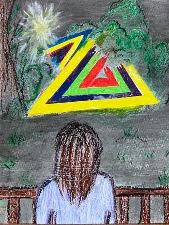 山中麻弓さんが目撃した鋭角的かつ三角形をした光を自ら描いたイラスト。「未確認知的存在」と感じたという（本人提供）