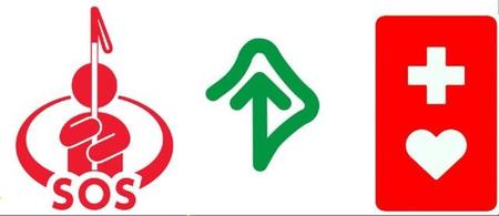 障がいなどを持つ人の存在を伝える（左から）「白杖ＳＯＳシグナル」「耳マーク」「ヘルプマーク」