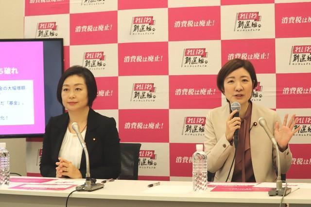 統一地方選へ向けたれいわ新選組のマニフェストを発表する櫛渕万里、大石晃子両共同代表＝国会内