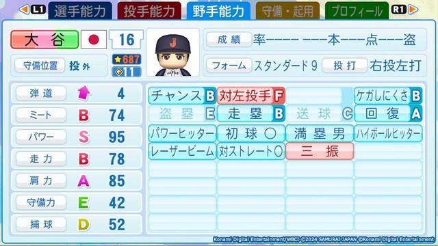 パワプロ2024に登場する大谷翔平選手の野手能力（コナミ提供）