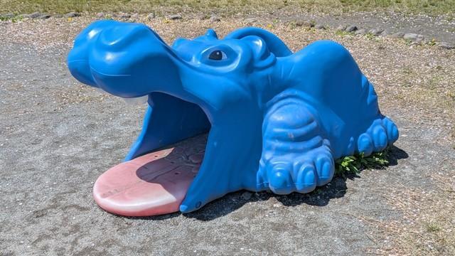 舌に内蔵が刻まれたカバのバラエティ遊具