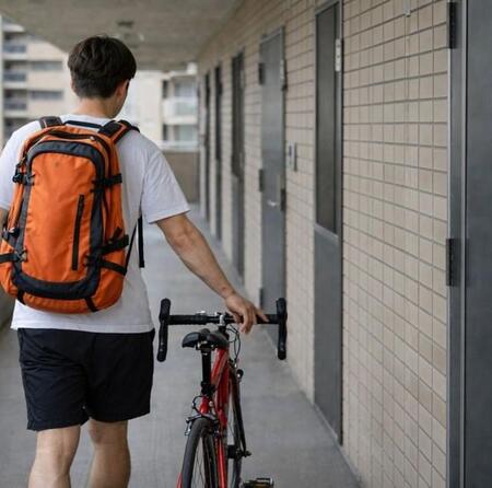 マンション内をロードバイクを押して移動する男性　※画像はAIで生成したイメージです。