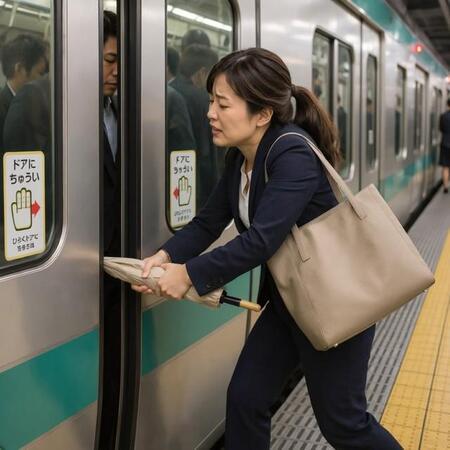 閉まりかけの電車ドアに日傘！　※この画像はAdobe Fireflyで作成したイメージです