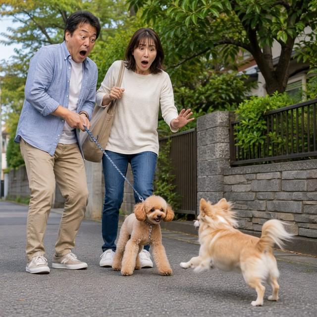 突然襲い来るノーリードの犬！　※この画像はAdobe Fireflyで作成したイメージです
