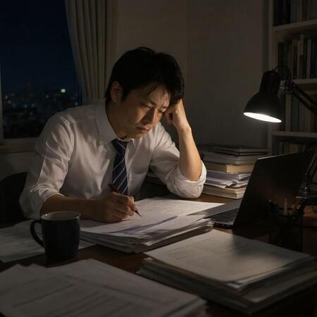 遅くまで自宅で残業する教員　※この画像はAdobe Fireflyで作成したイメージです