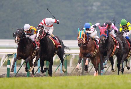 　内を突いて鋭く伸びるカポーティスター（左から２頭目、撮影・石湯恒介）