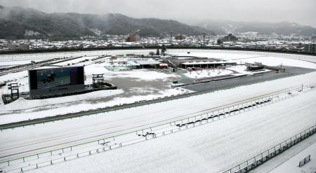 　雪が積もった福島競馬場