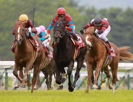 　直線一気の末脚で完勝したキズナ（中央）＝撮影・石湯恒介
