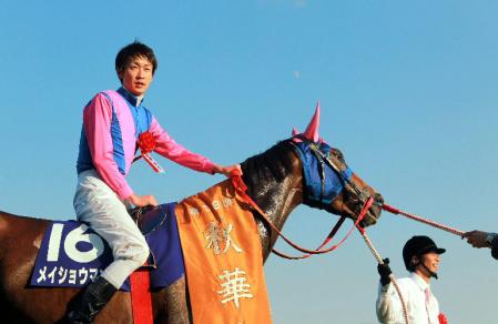 まっ青な秋晴れの中、口取りに向かうメイショウマンボ（撮影・石湯恒介）